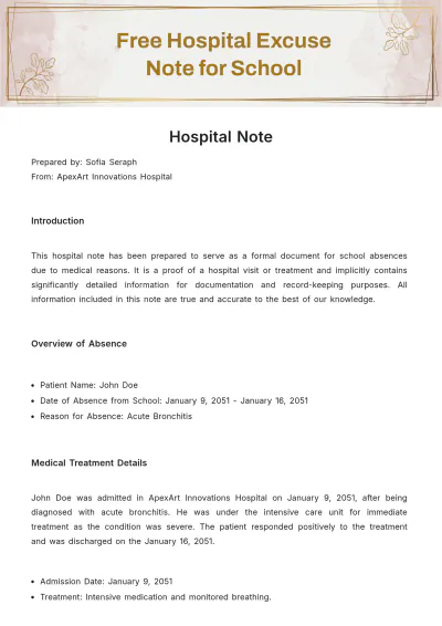 Free Hospital Excuse Note for School Template to Edit Online