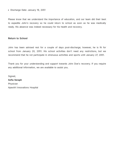 Free Hospital Excuse Note for School Template to Edit Online