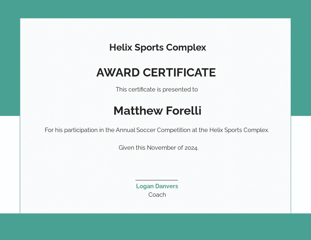 Soccer Award Certificate Template - Google Docs, Illustrator, Word, Outlook, Apple Pages, PSD, Publisher