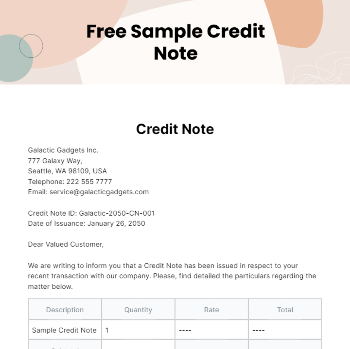 Sample Credit Note Template