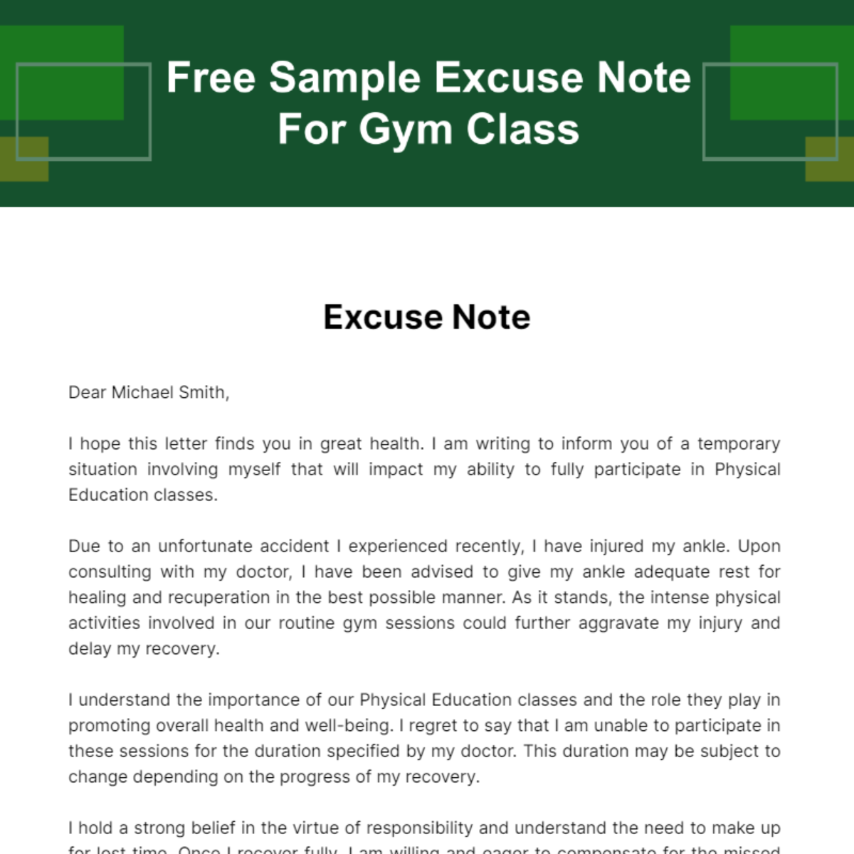 Sample Excuse Note For Gym Class Template