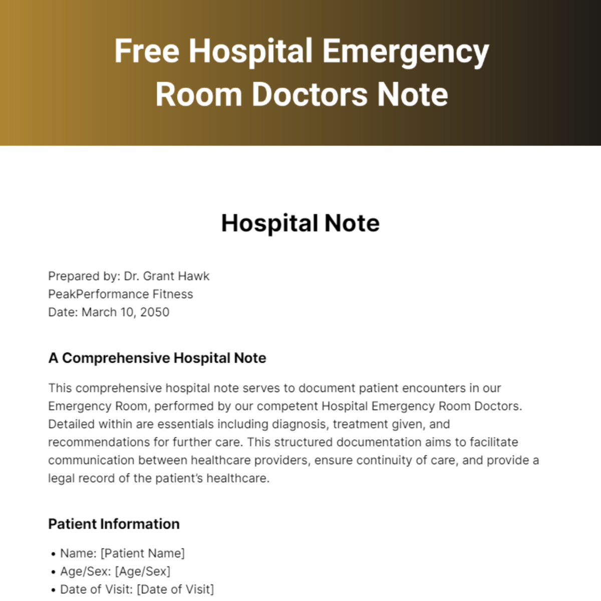 Free Hospital Emergency Room Doctors Note Template