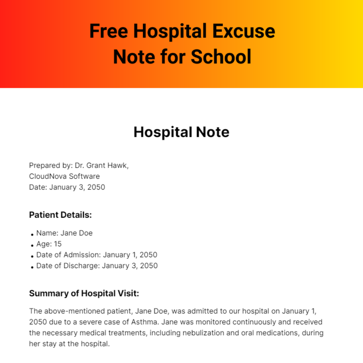 Hospital Excuse Note for School  Template