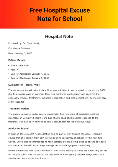 Free Hospital Excuse Note for School  Template to Edit Online