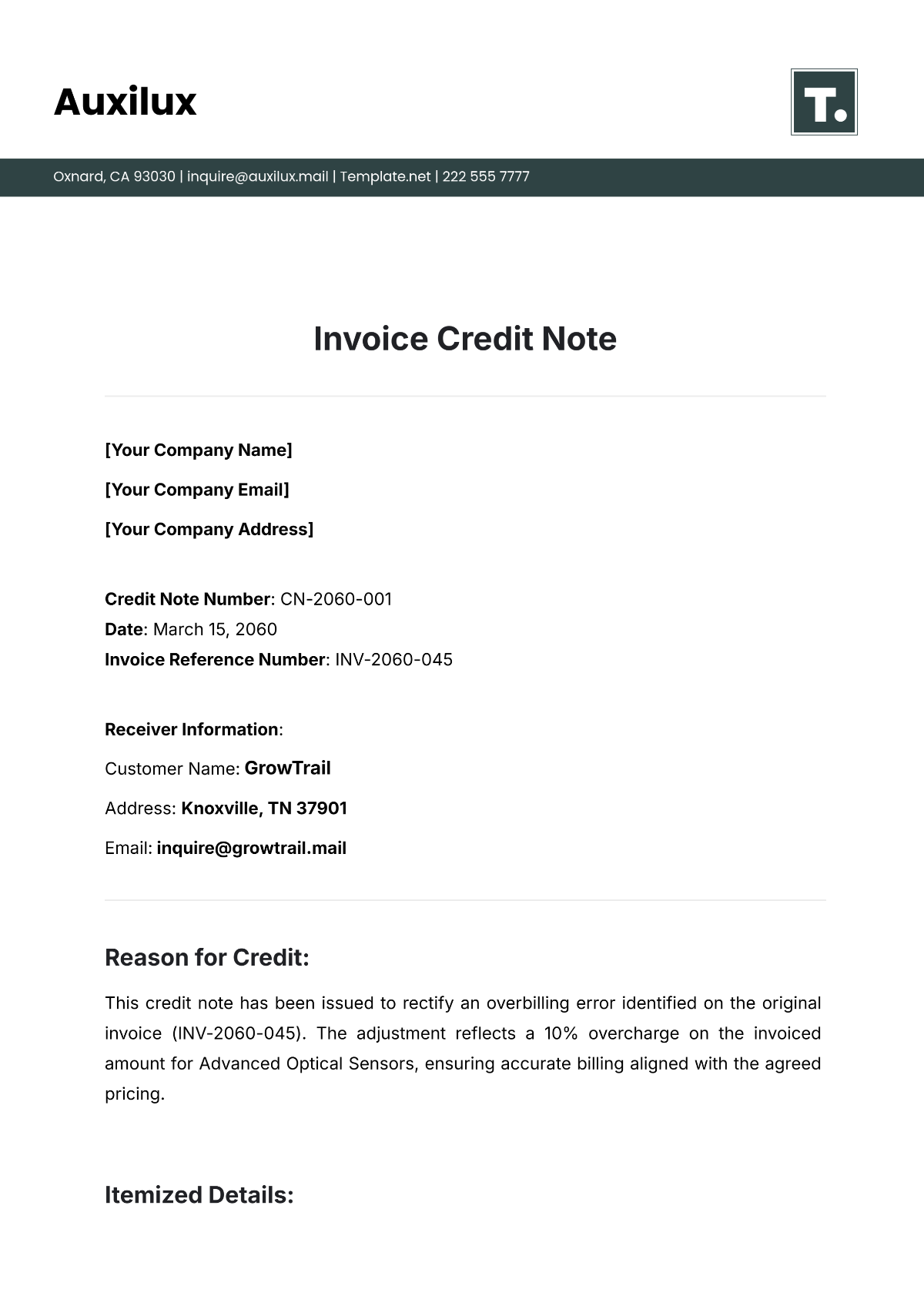 Invoice Credit Note Template - Edit Online & Download