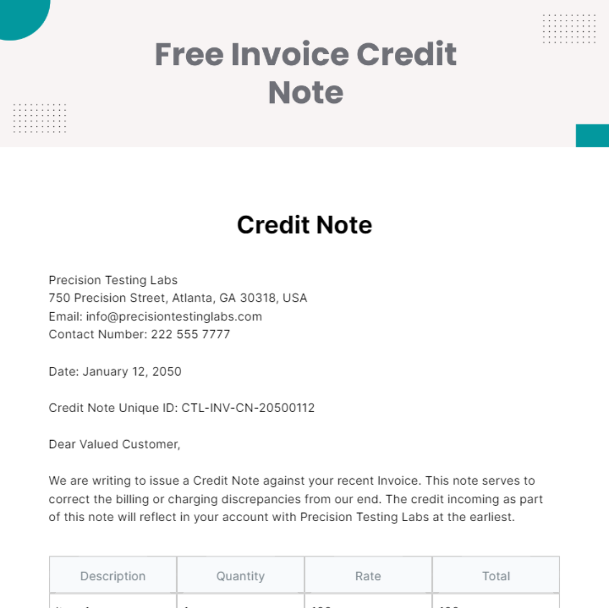 Free Invoice Credit Note Template