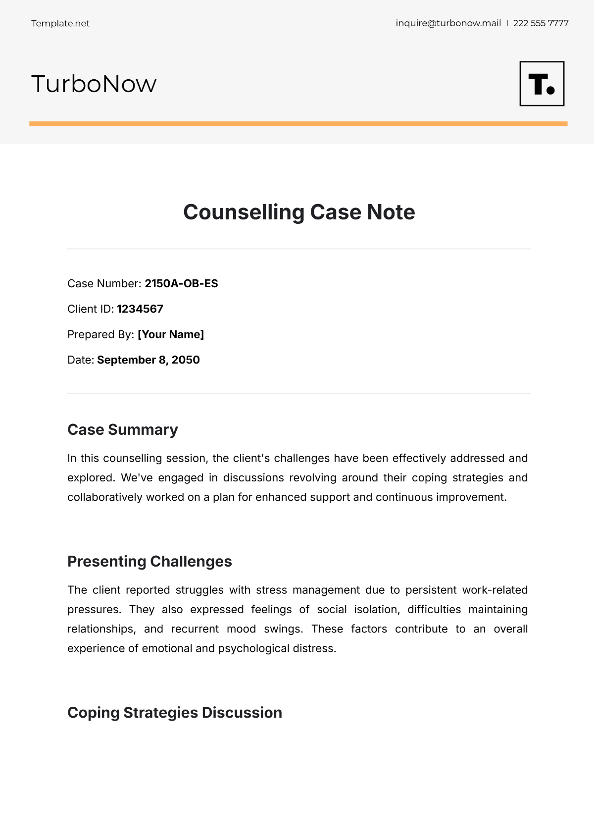 Free Counselling Case Note Template