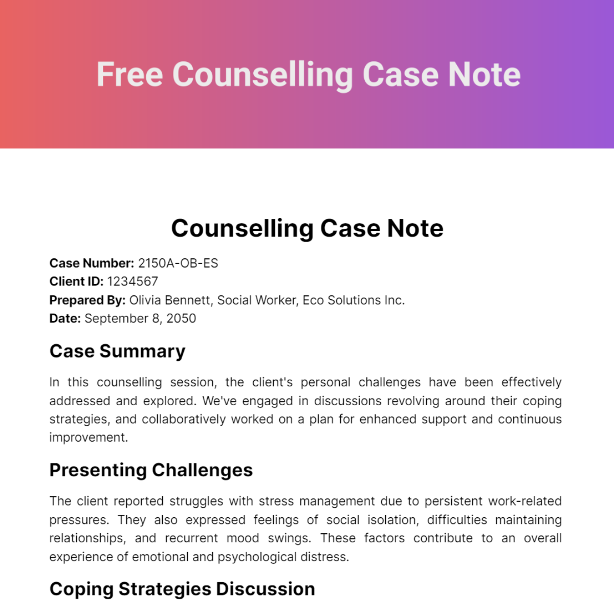 Free Counselling Case Note Template