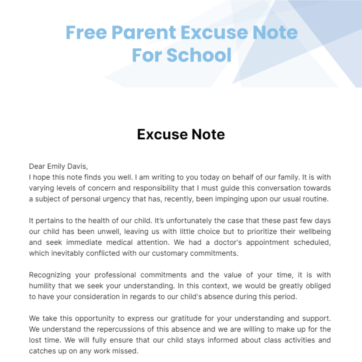 Free Parent Excuse Note For School Template