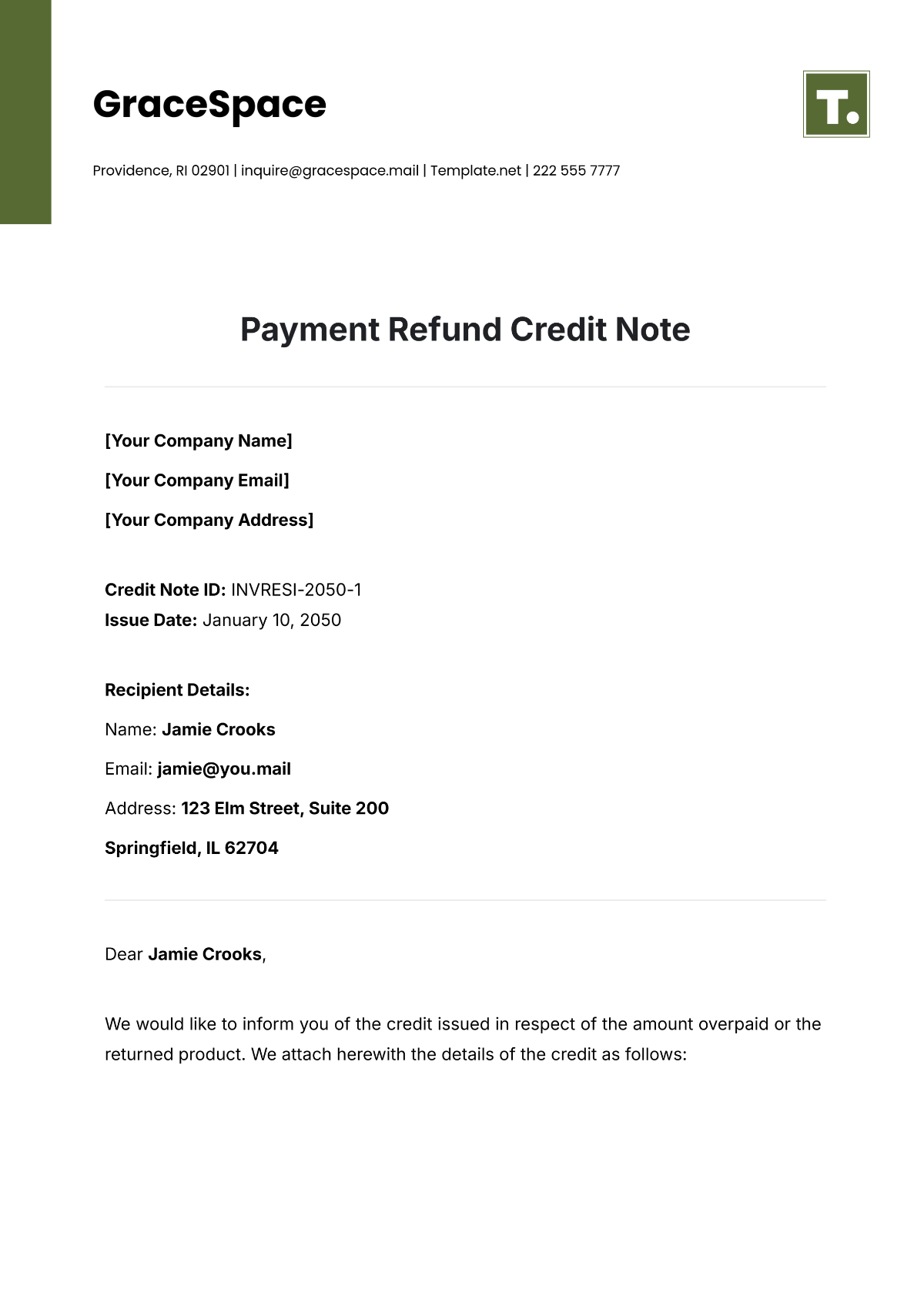 Payment Refund Credit Note Template - Edit Online & Download