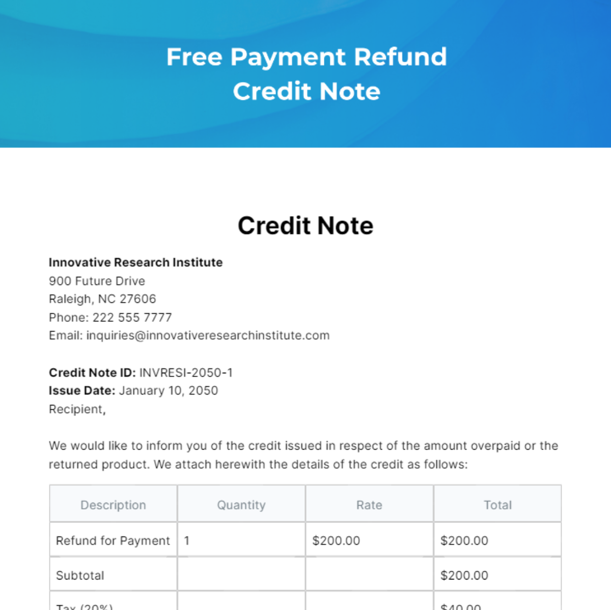 Payment Refund Credit Note Template
