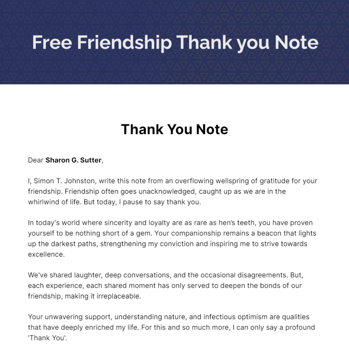 Friendship Thank you Note Template - Edit Online & Download