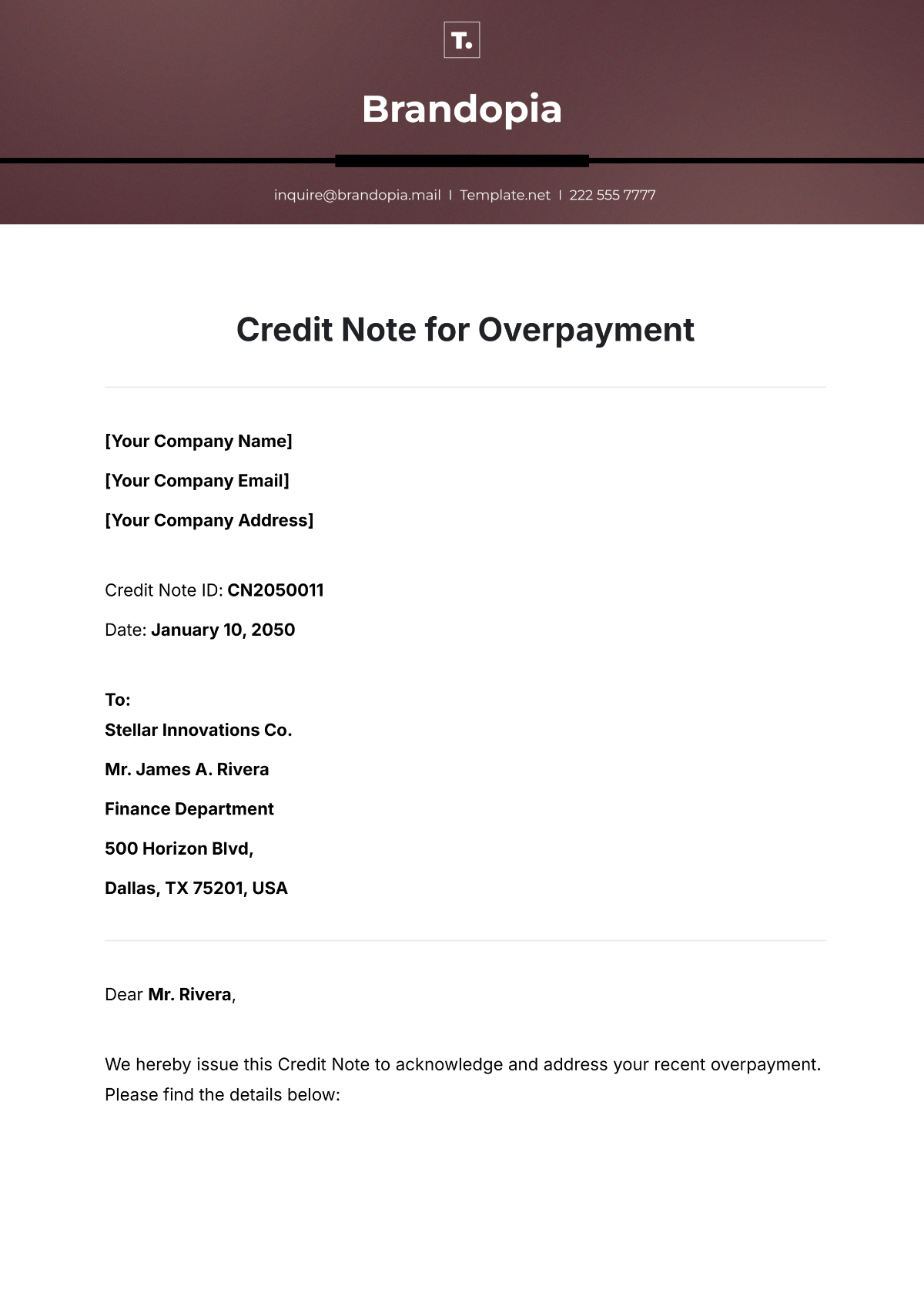 Credit Note for Overpayment Template - Edit Online & Download