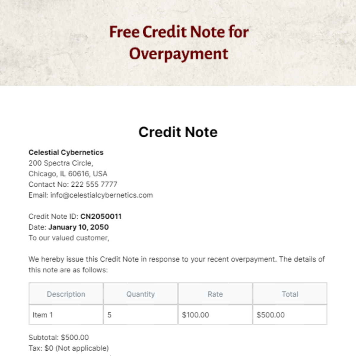 Free Credit Note for Overpayment Template