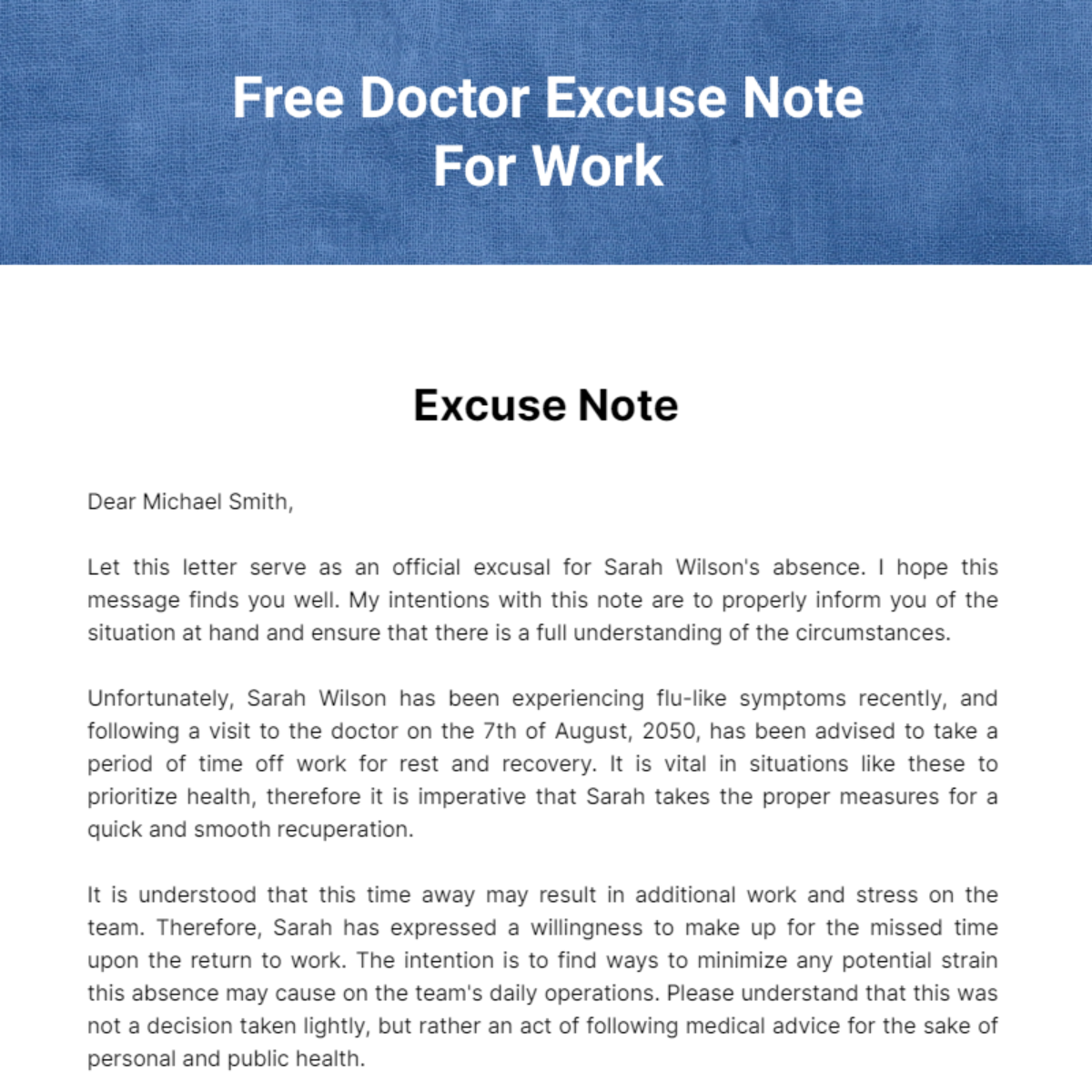 Doctor Excuse Note For Work Template