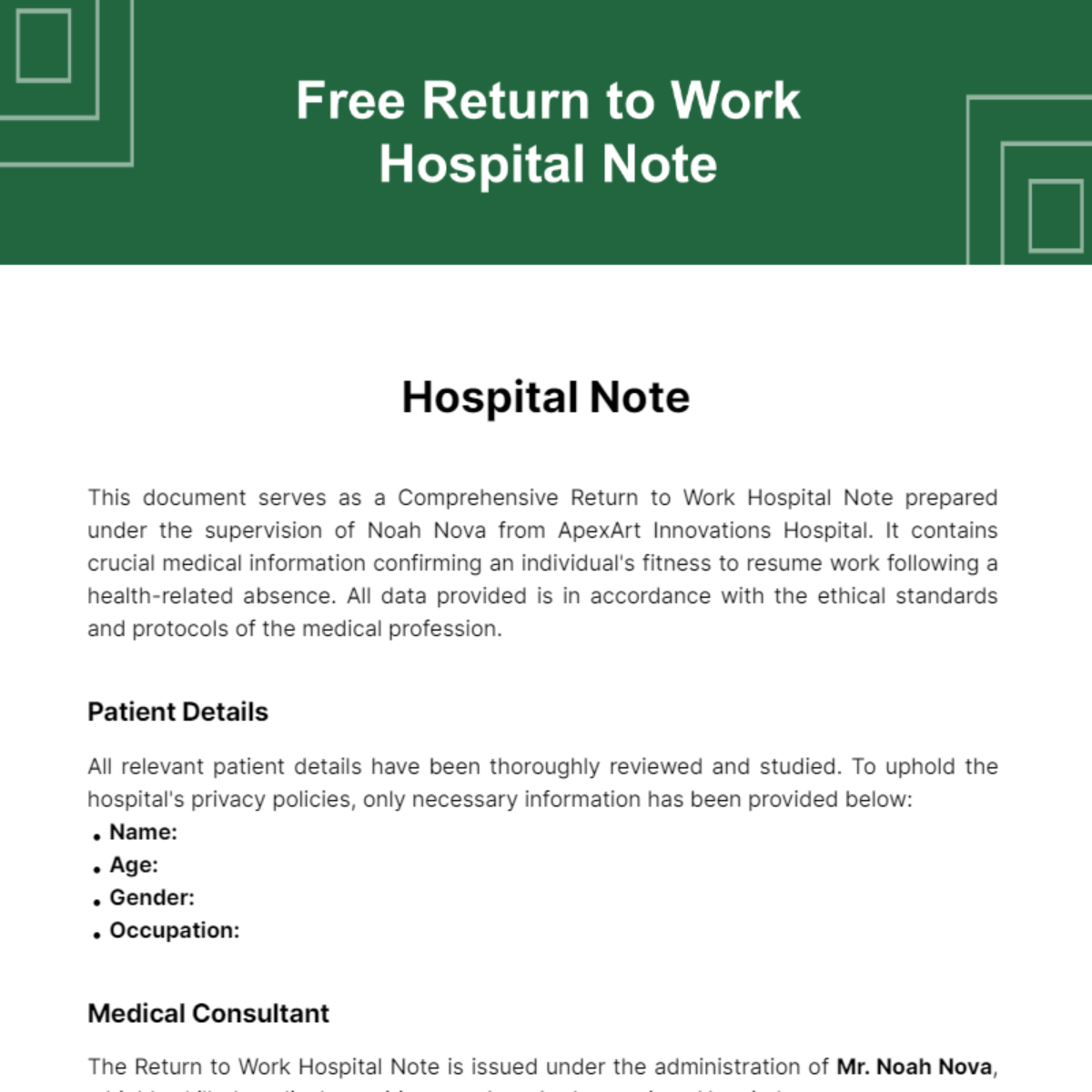 Return to Work Hospital Note Template