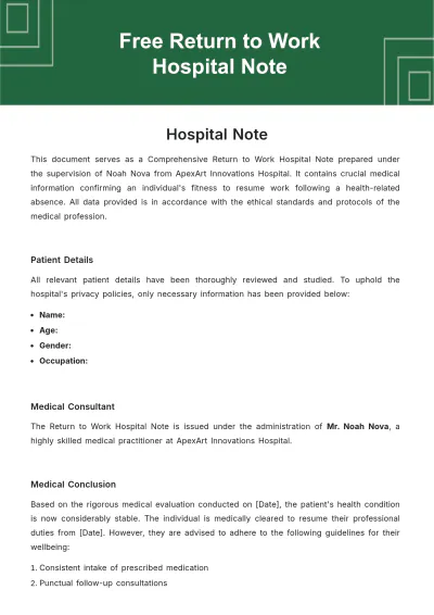 Free Return to Work Hospital Note Template to Edit Online