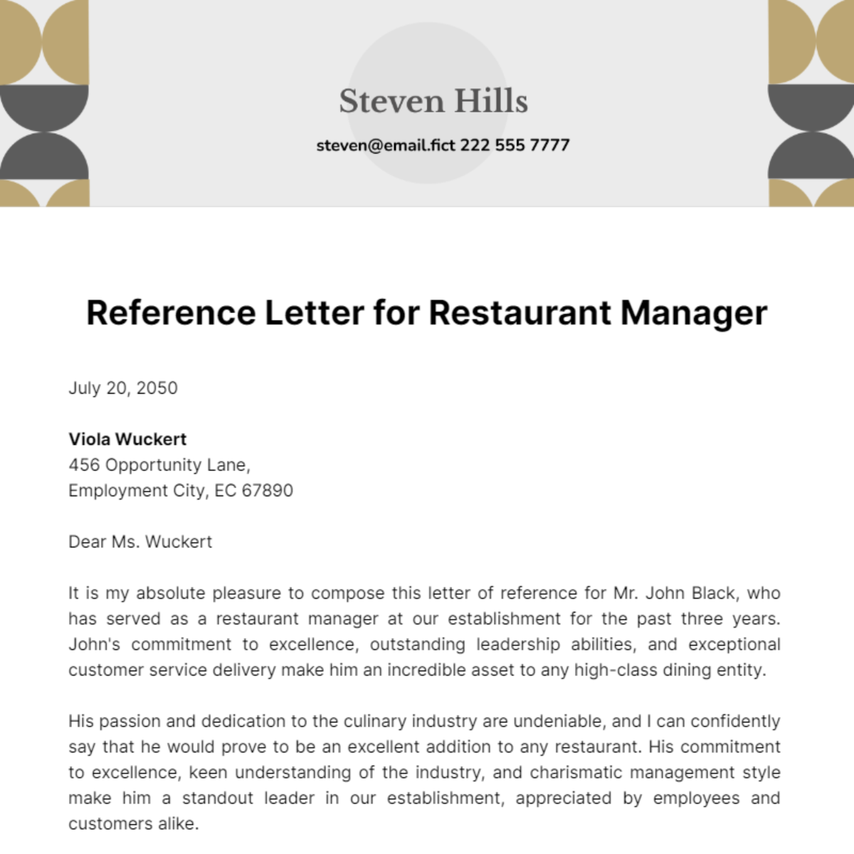 Reference Letter for Restaurant Manager Template