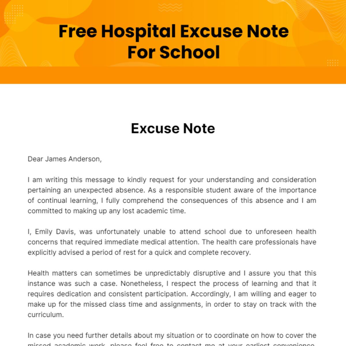 Free Hospital Excuse Note For School Template