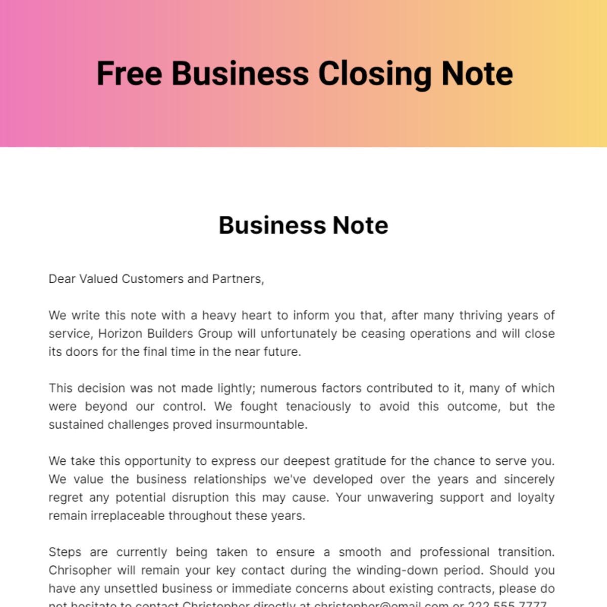 Free Business Closing Note Template