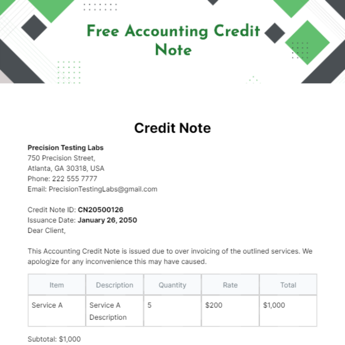 Free Accounting Credit Note Template