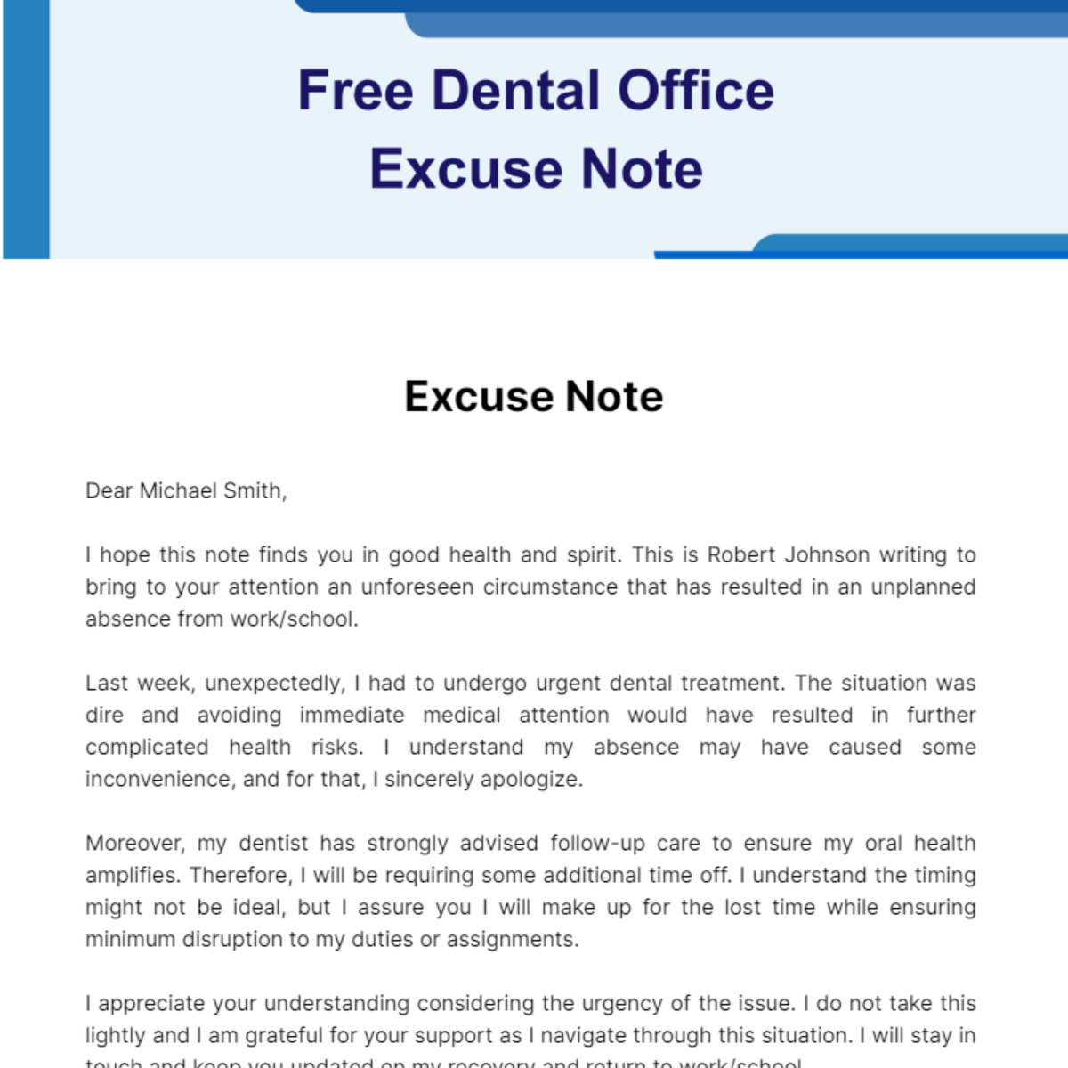 Free Dental Office Excuse Note Template