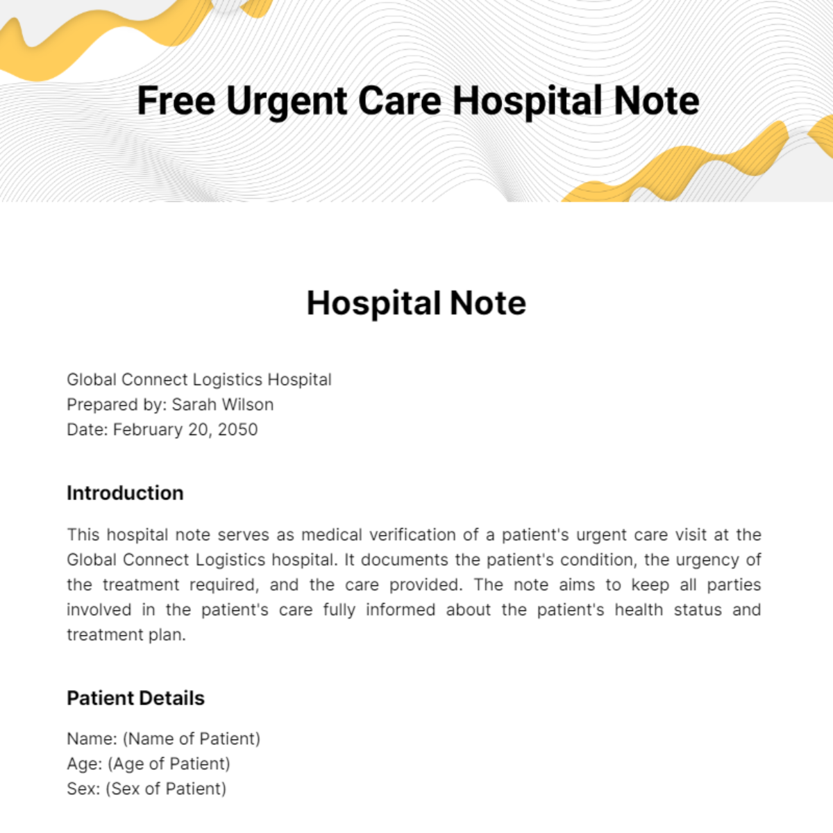 Free Urgent Care Hospital Note Template