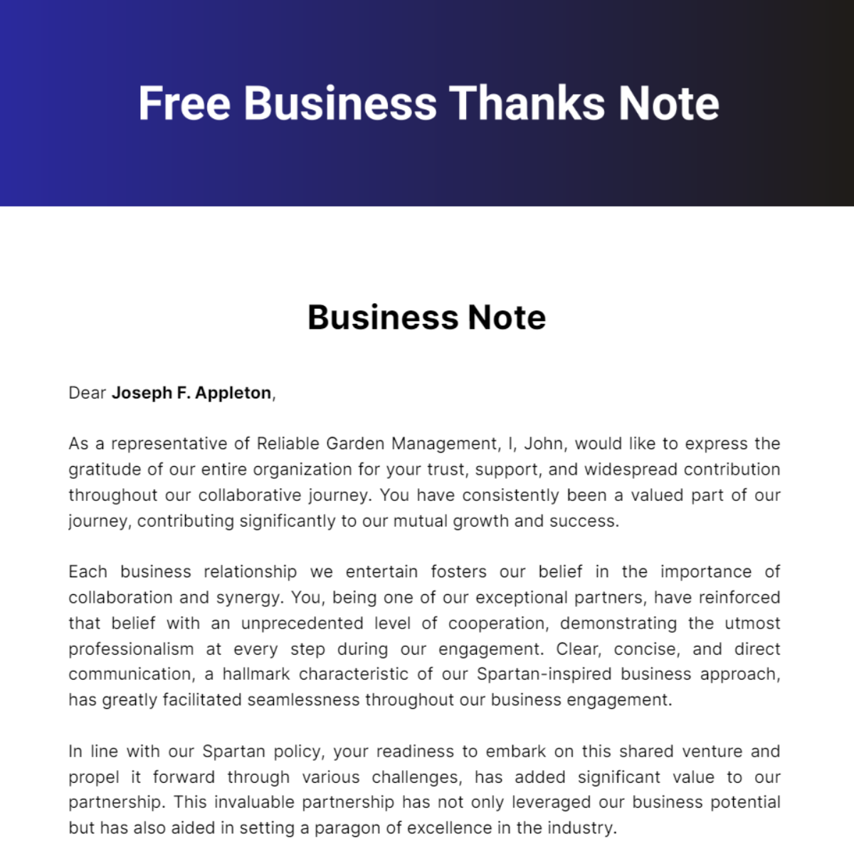 Free Business Thanks Note Template