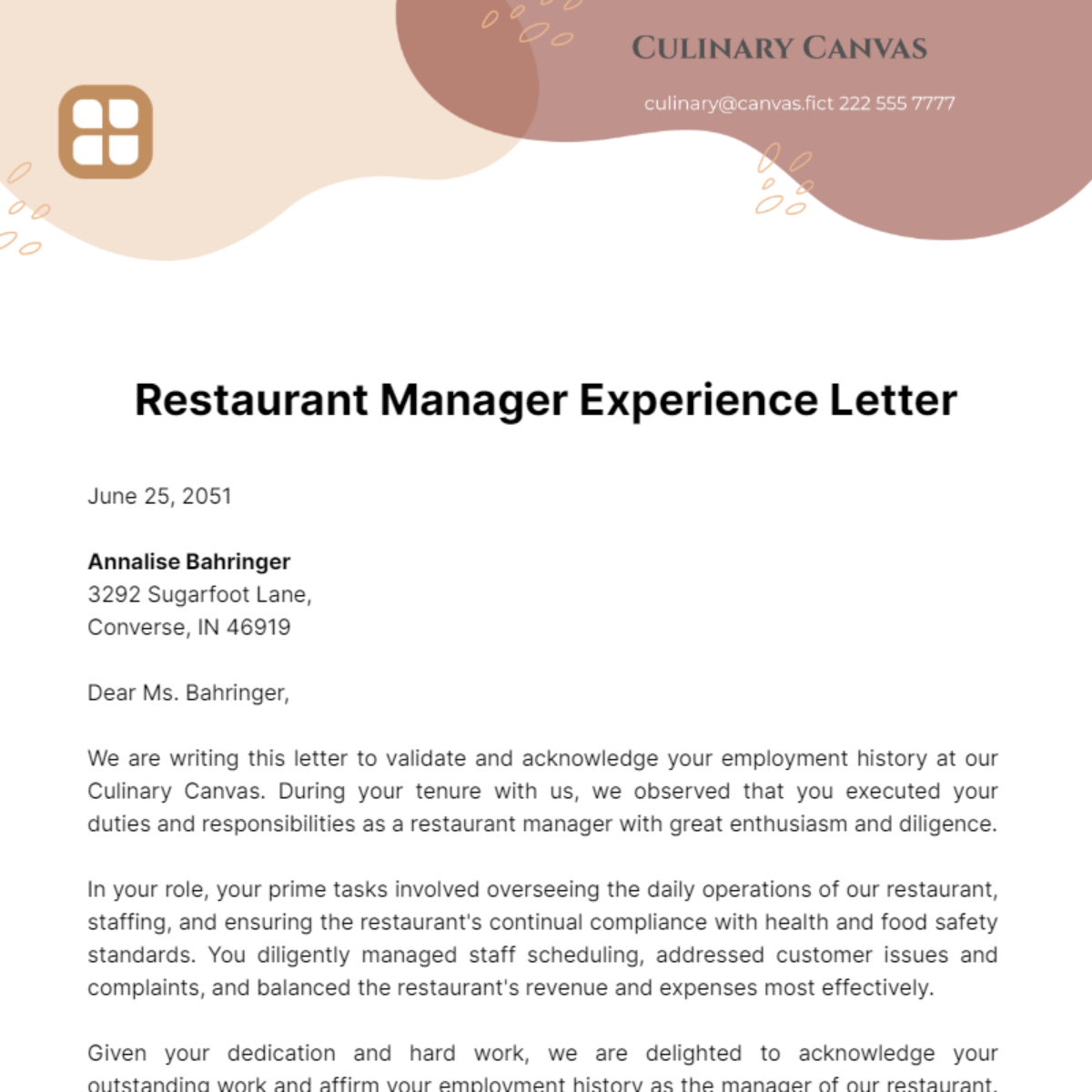 Restaurant Manager Experience Letter Template