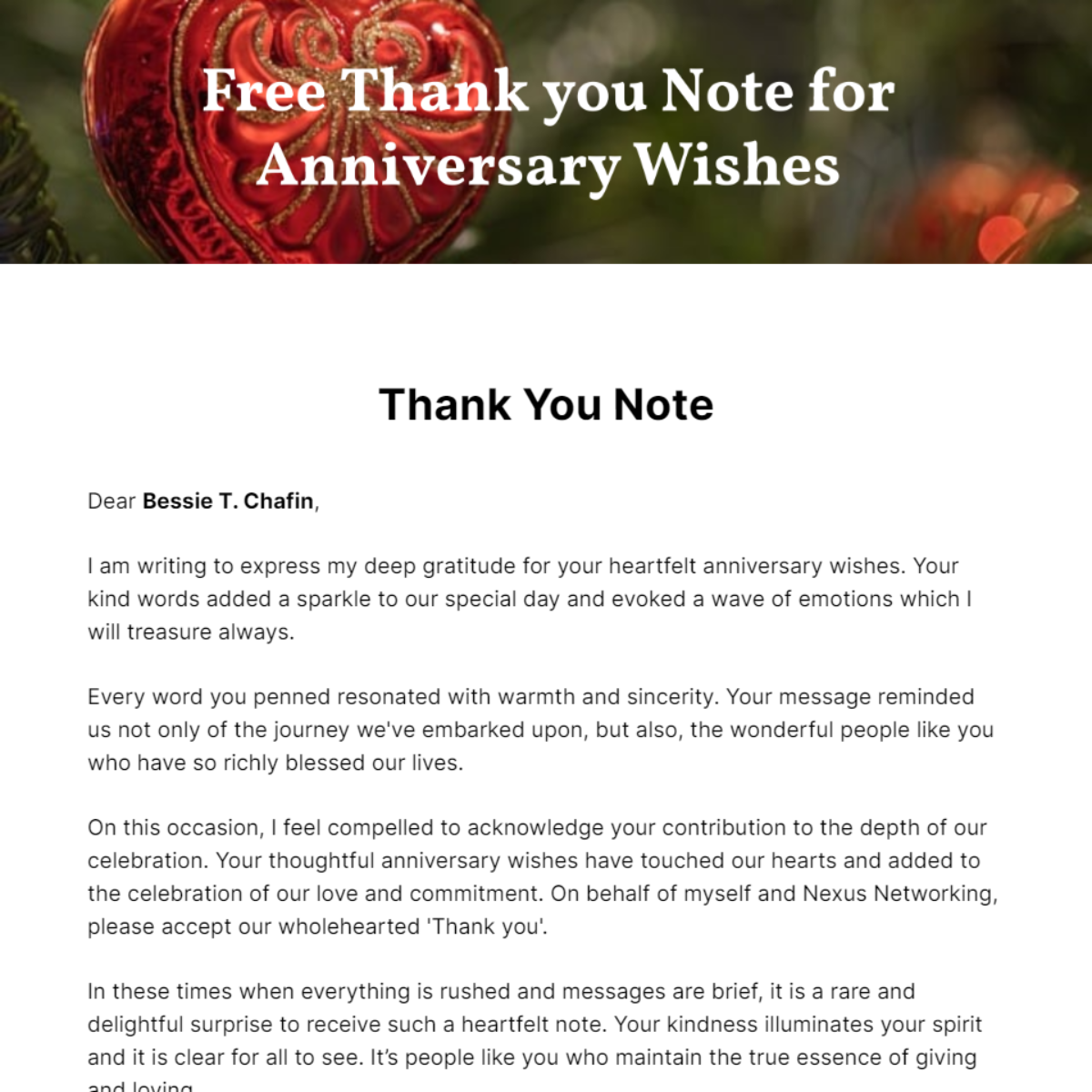 Thank you Note for Anniversary Wishes Template