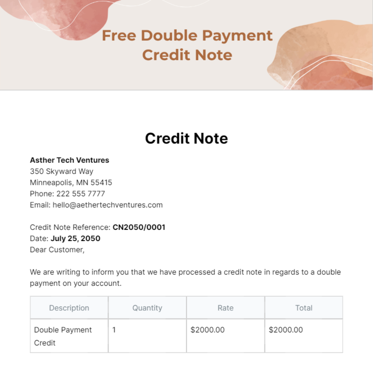 Double Payment Credit Note Template