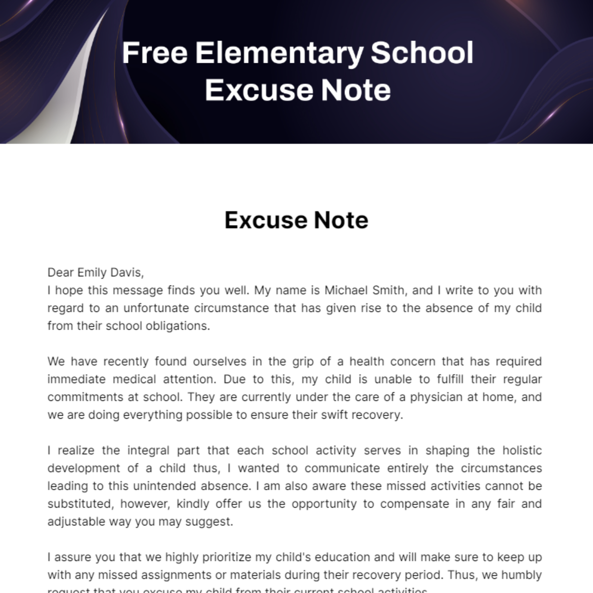 Elementary School Excuse Note Template
