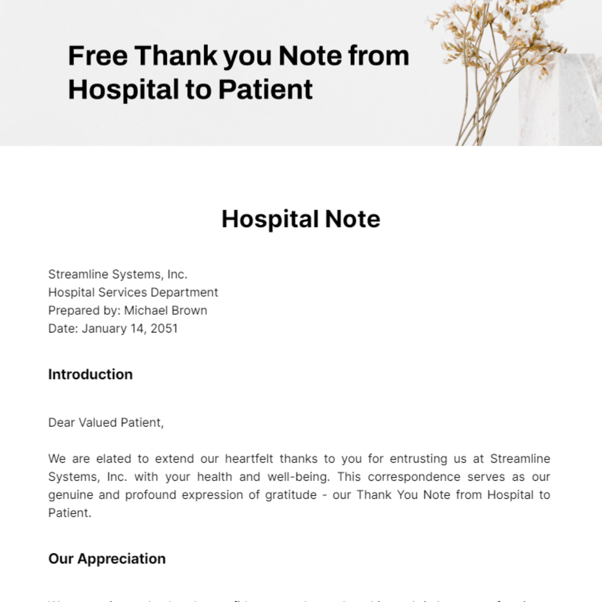 Free Thank you Note from Hospital to Patient Template