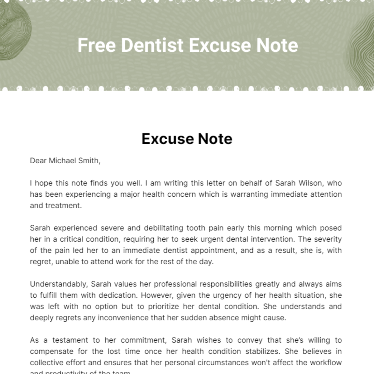 Free Dentist Excuse Note Template