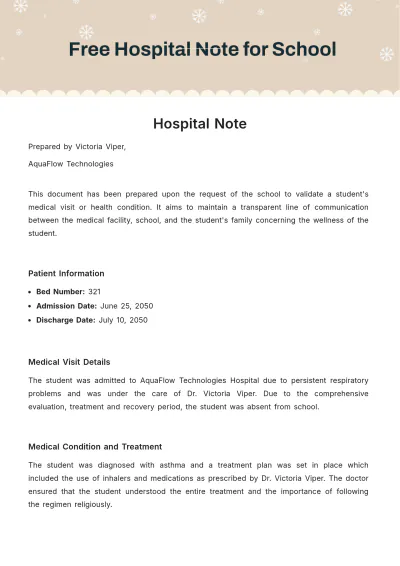 Free Hospital Note for School Template to Edit Online