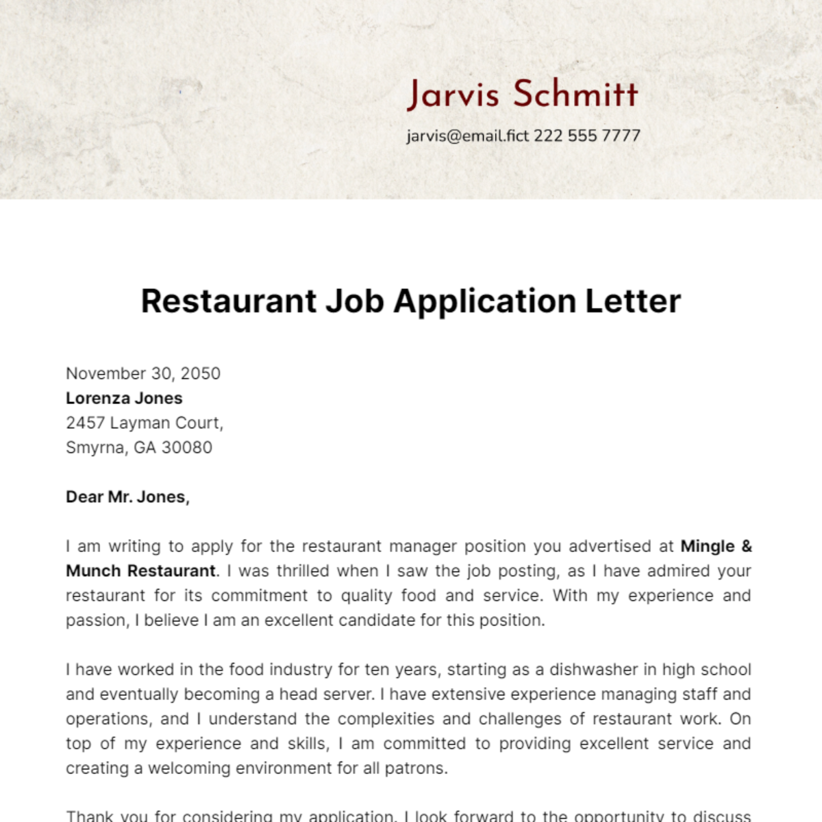 Restaurant Job Application Letter Template