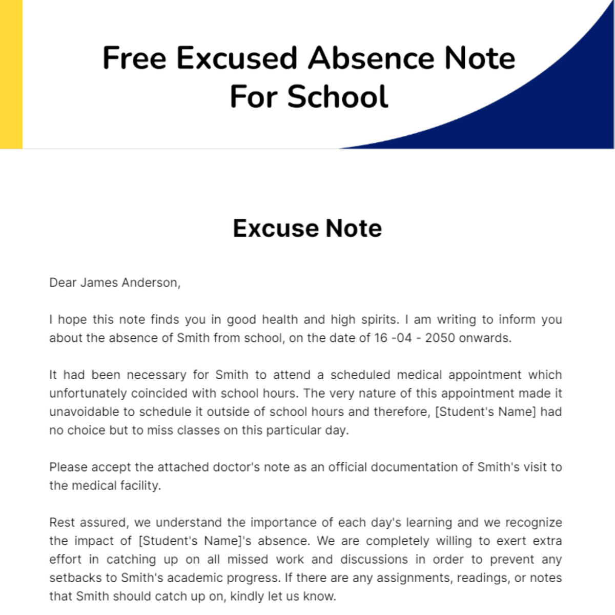 Free Excused Absence Note For School Template