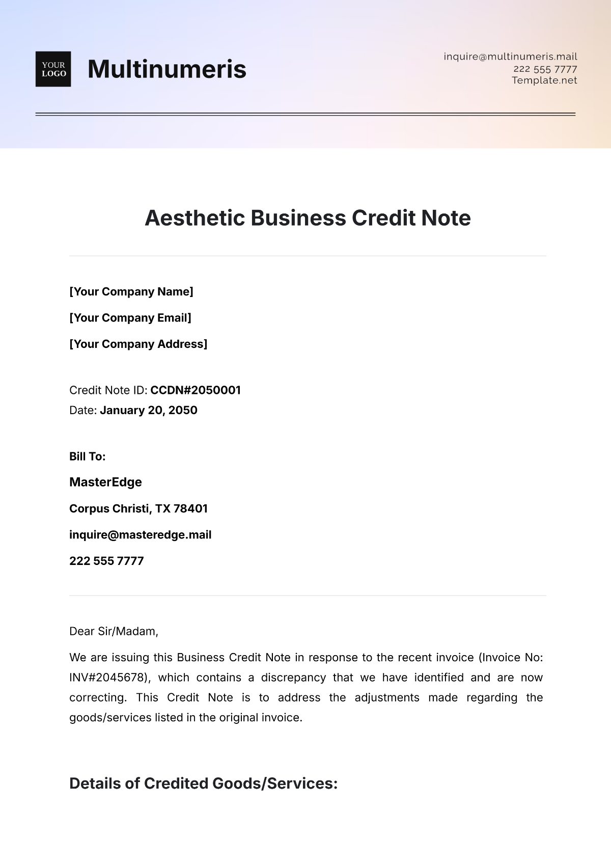 Aesthetic Business Credit Note Template - Edit Online & Download