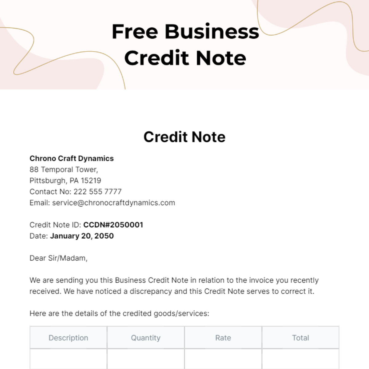 Business Credit Note Template