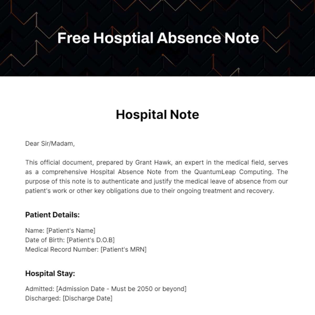 Hosptial Absence Note Template