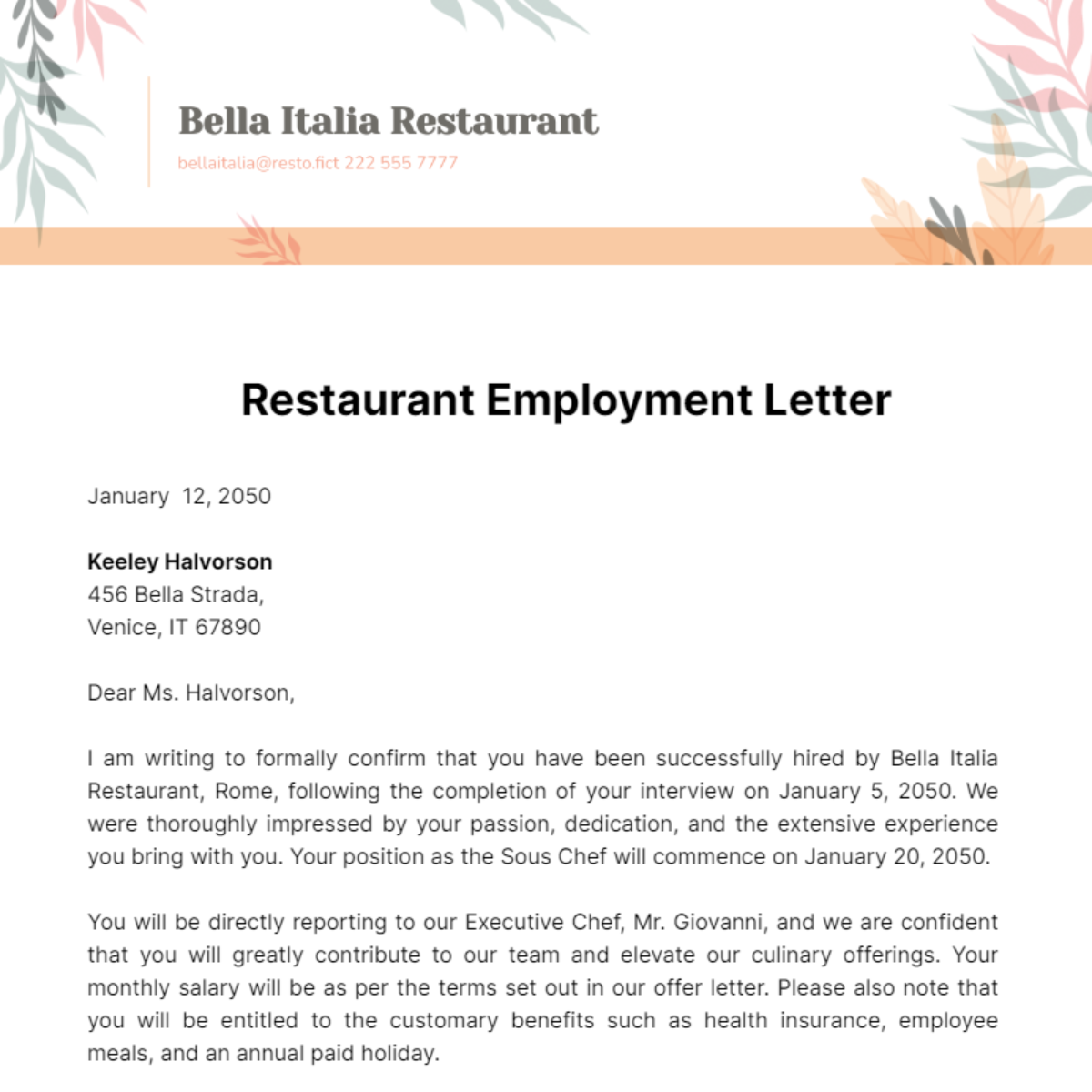 Restaurant Employment Letter Template