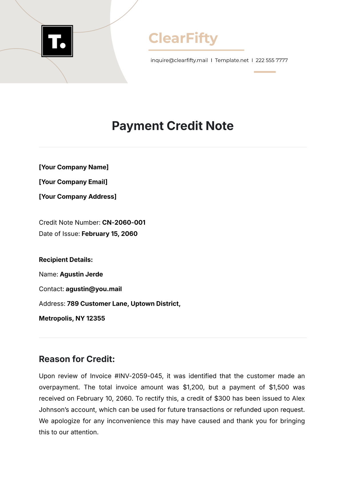 Payment Credit Note Template - Edit Online & Download