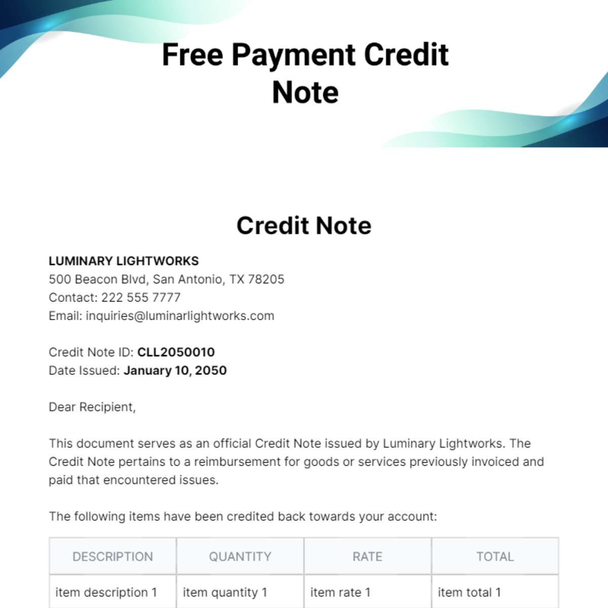 Free Payment Credit Note Template