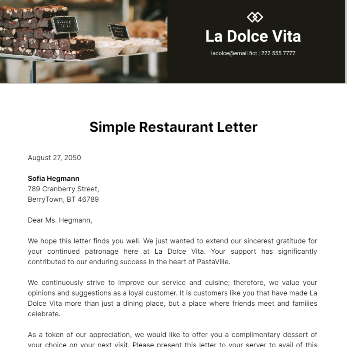 Simple Restaurant Letter Template