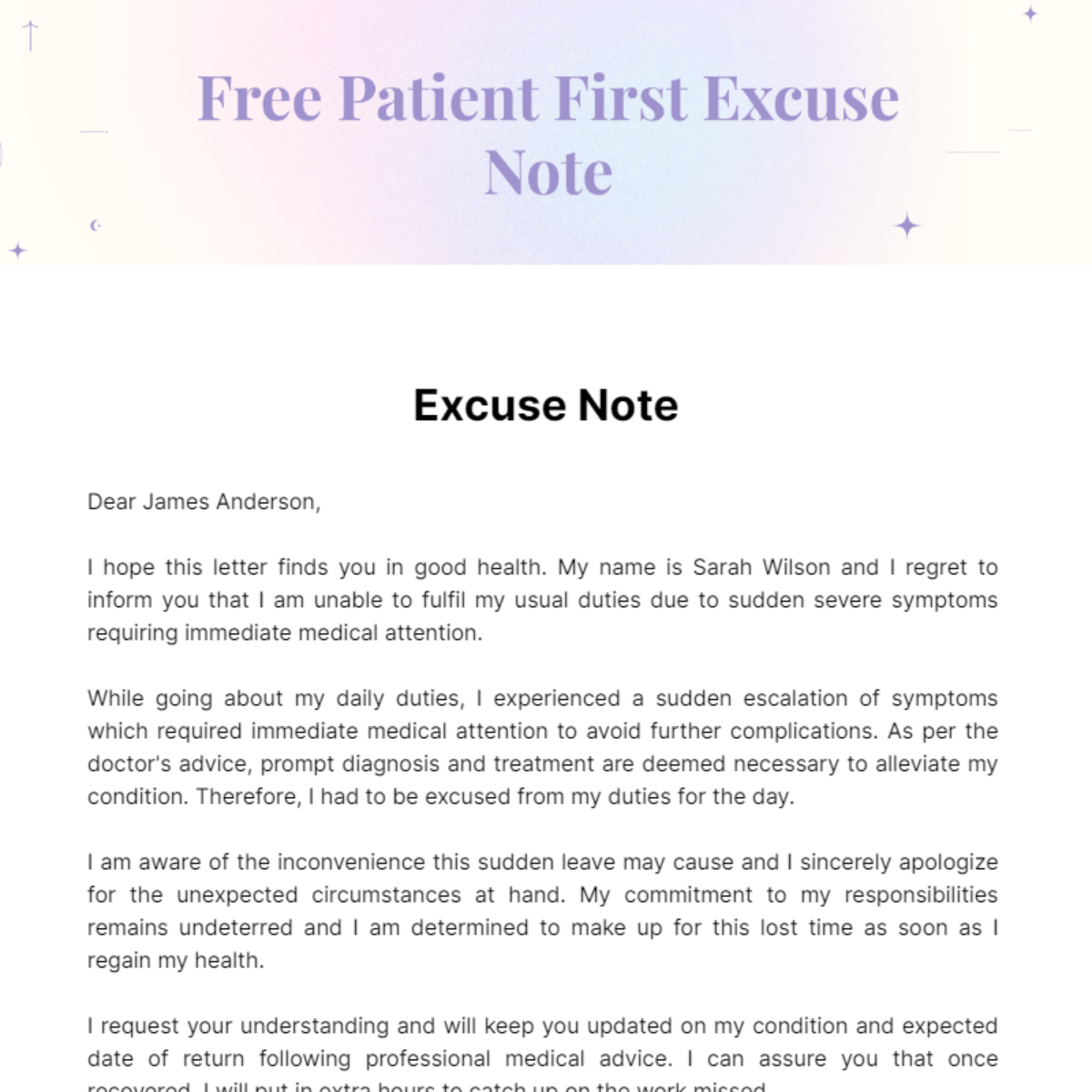 Free Patient First Excuse Note Template