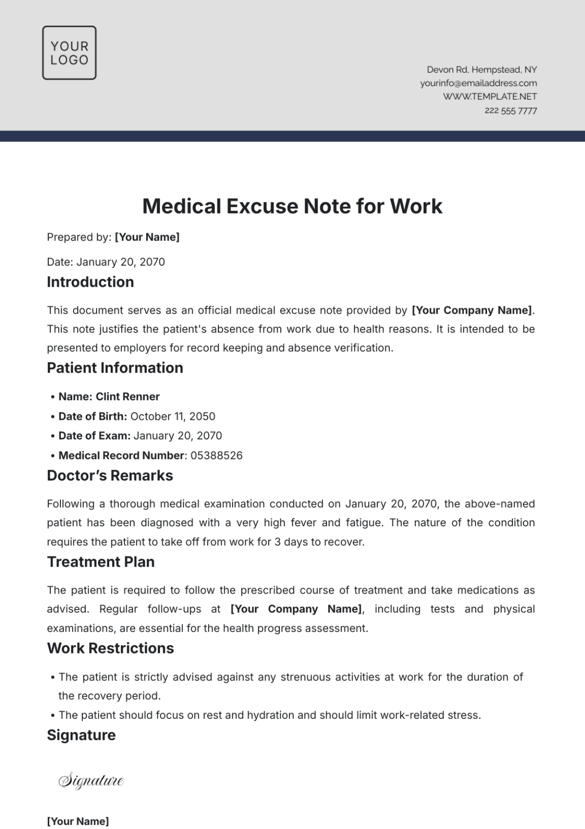 Medical Excuse Note for Work Template - Edit Online & Download