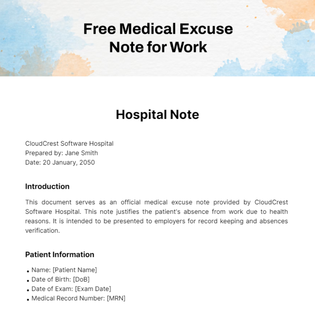 Free Medical Excuse Note for Work Template