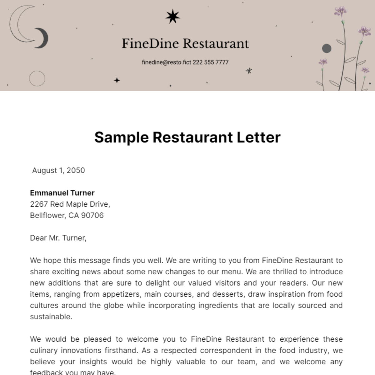 Sample Restaurant Letter Template
