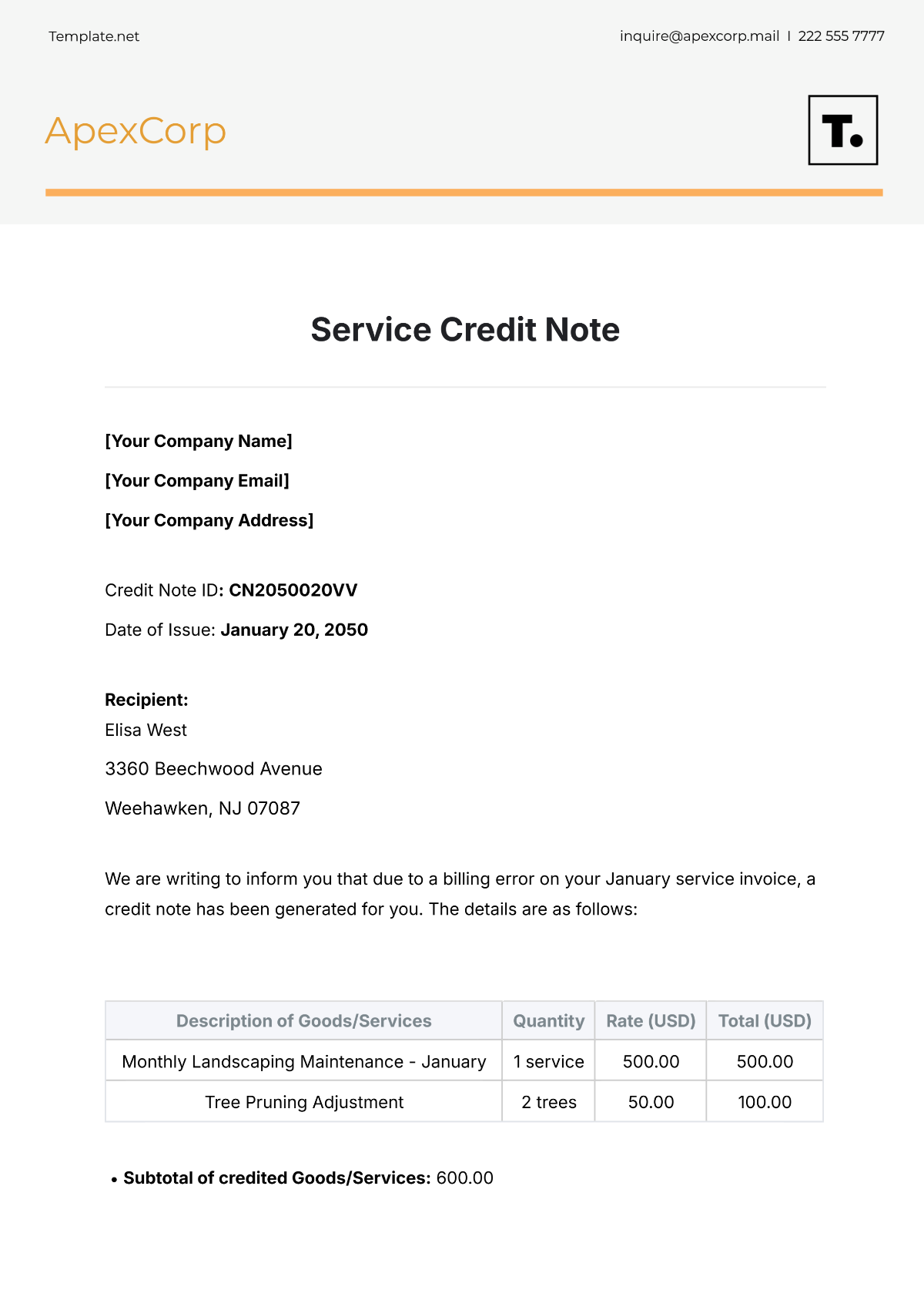 Service Credit Note Template - Edit Online & Download