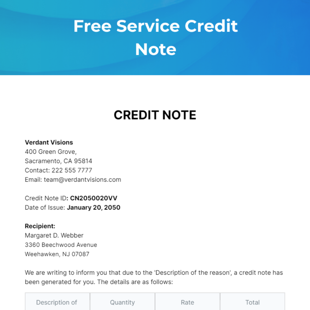 Free Service Credit Note Template